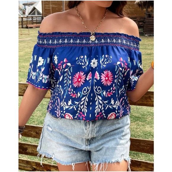 Plus Floral Print Off Shoulder Cottagecore Blouse - Picture 5 of 11